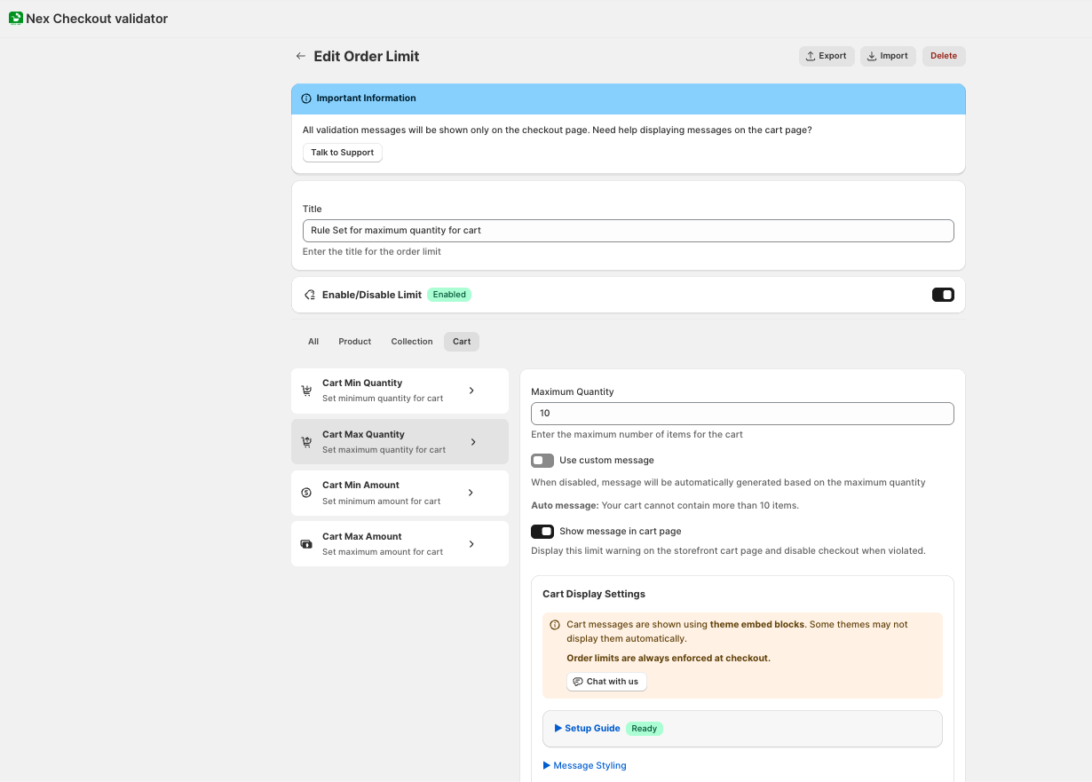 Cart-level maximum quantity configuration