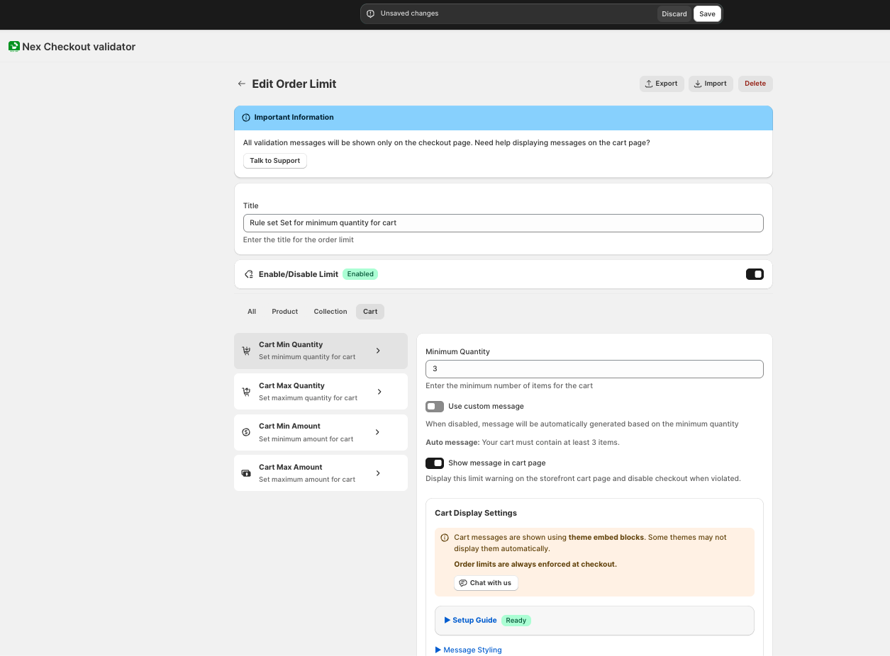 Setting a minimum cart quantity in Nex MOQ