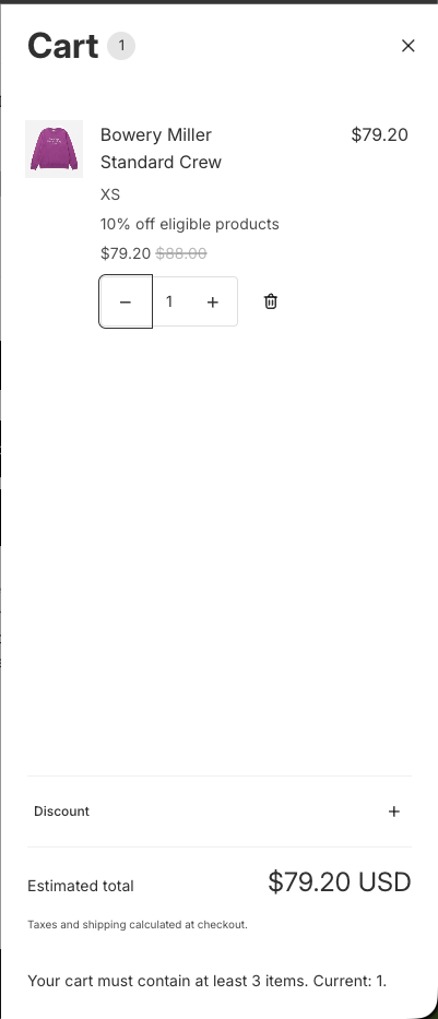 Customer sees a cart error when minimum quantity isn't met