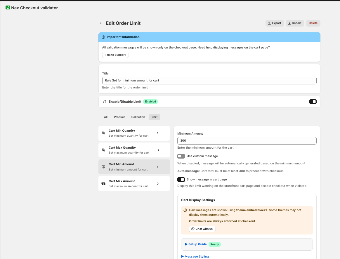 Setting a minimum order amount instead of quantity